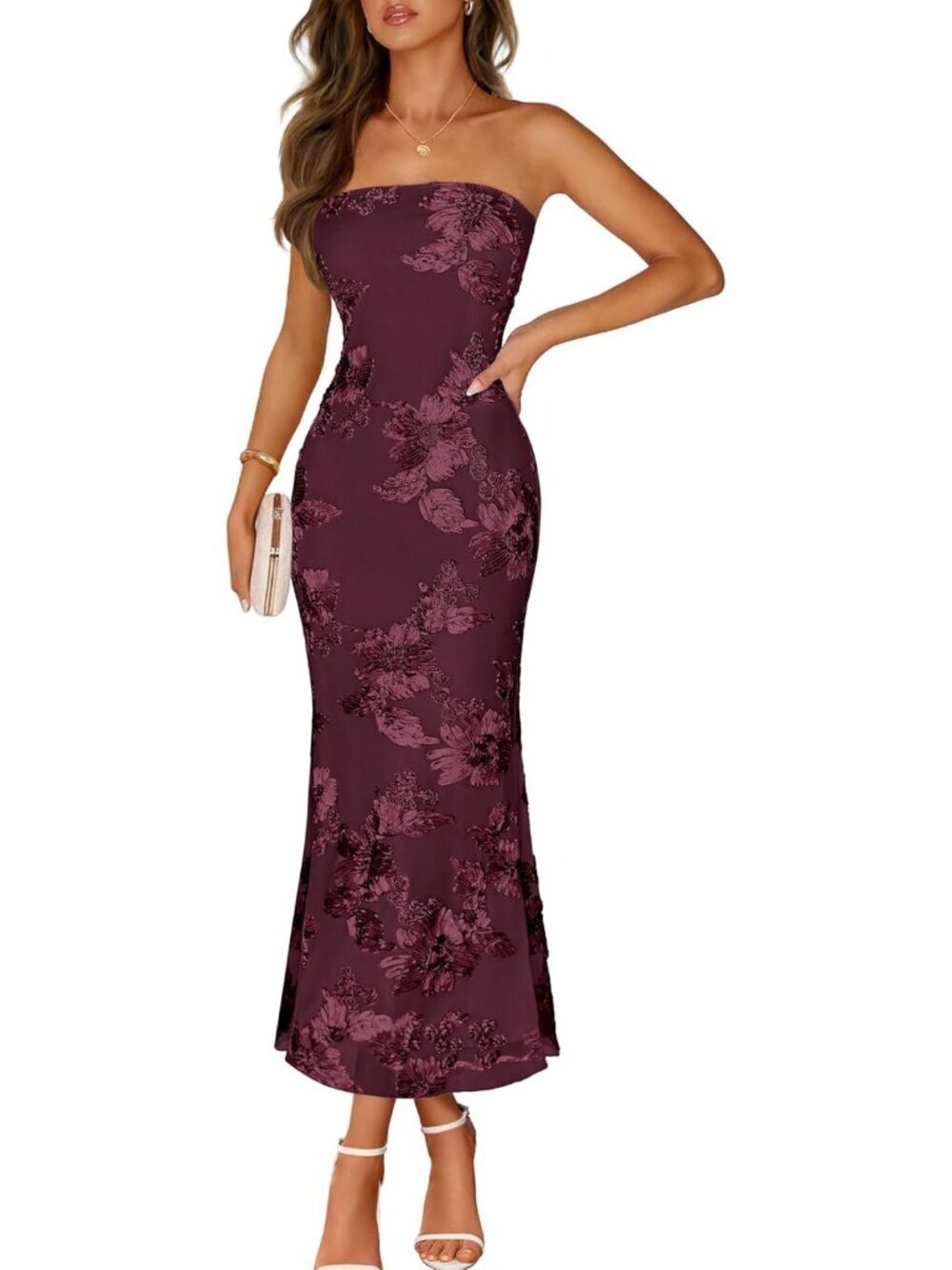 Women's Floral Strapless Maxi Dress Burgundy Summer Mesh Bodycon Formal Dress